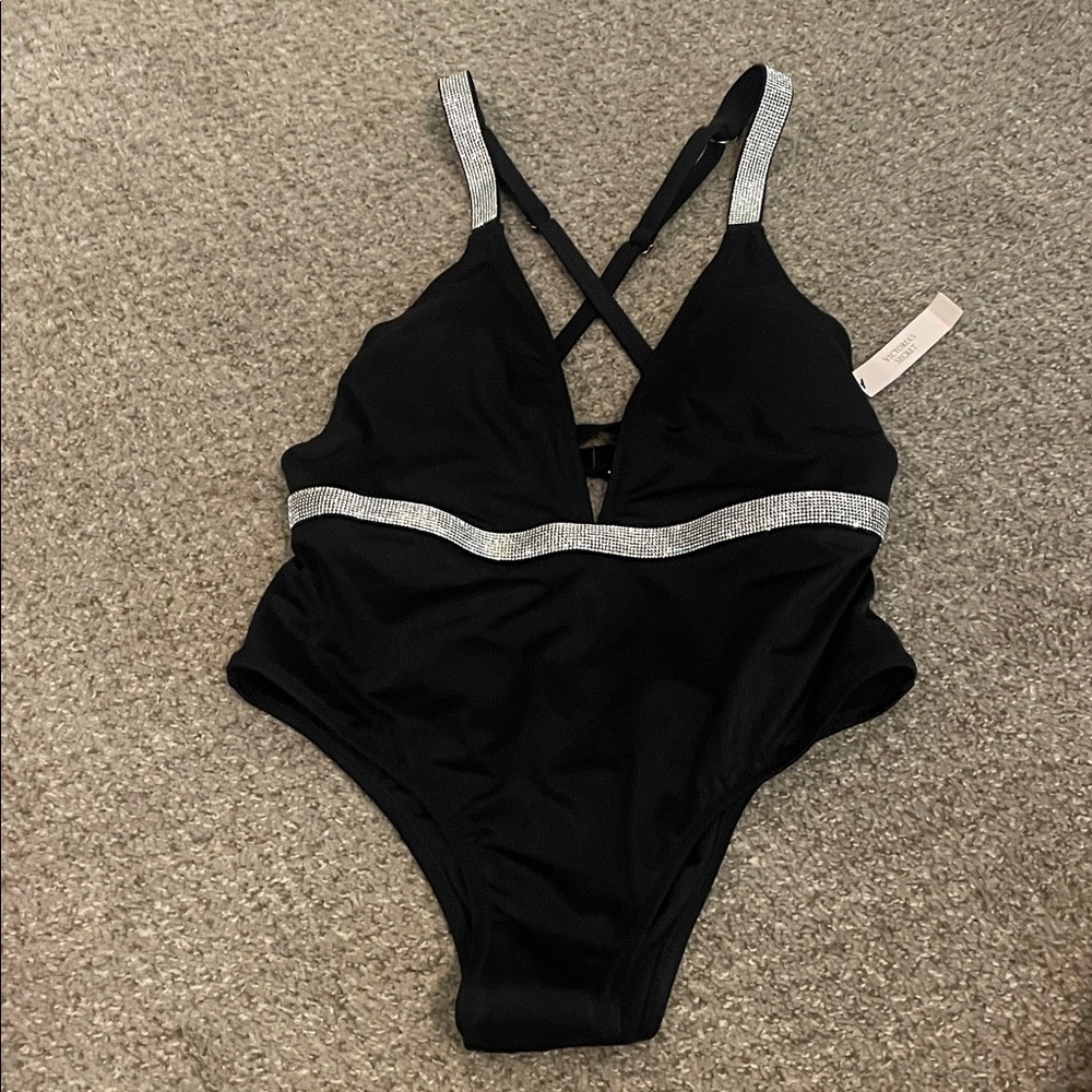 Black One-Piece Swimsuit with Rhinestone straps.